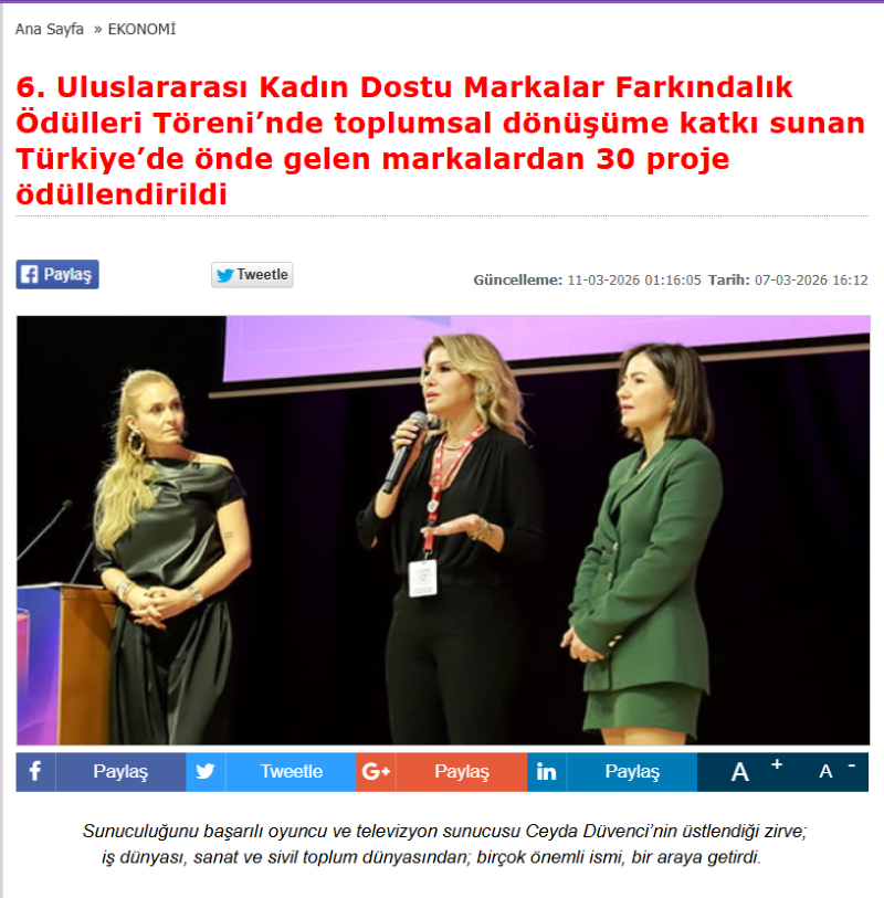 6. Uluslararası Kadın Dostu Markalar Farkındalık Ödülleri Töreni’nde toplumsal dönüşüme katkı sunan Türkiye’de önde gelen markalardan 30 proje ödüllendirildi / Reel Piyasalar