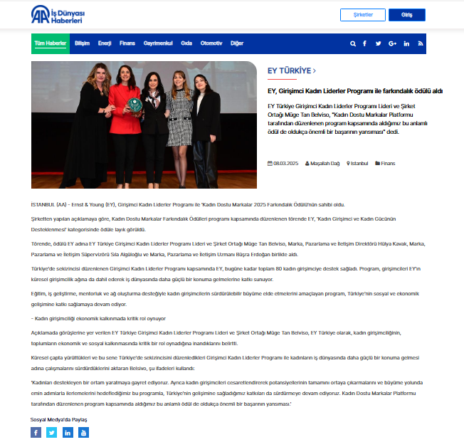 EY, GİRİŞİMCİ KADIN LİDERLER PROGRAMI İLE FARKINDALIK ÖDÜLÜ ALDI / ANADOLU AJANSI