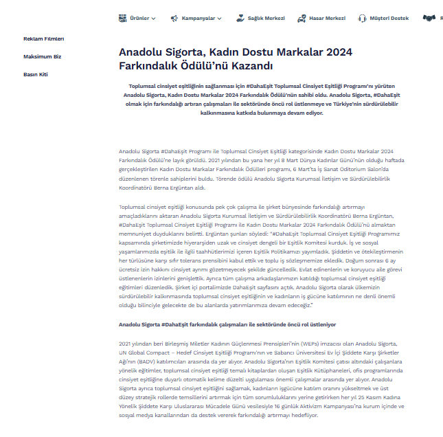 ANADOLU SİGORTA, KADIN DOSTU MARKALAR 2024 FARKINDALIK ÖDÜLÜ'NÜ KAZANDI / ANADOLU SİGORTA