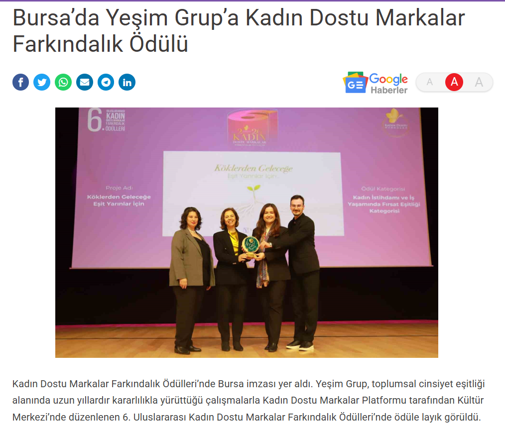 Bursa’da Yeşim Grup’a Kadın Dostu Markalar Farkındalık Ödülü / İhlas Haber Ajansı