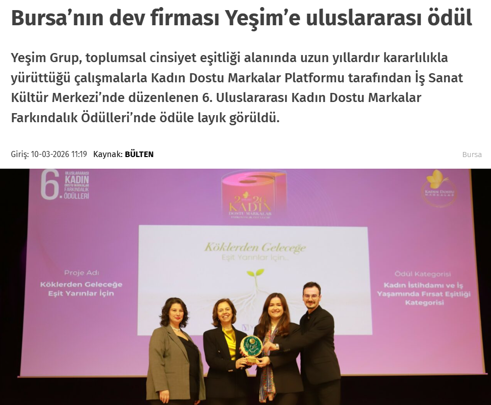 Bursa’nın dev firması Yeşim’e uluslararası ödül / Olay Gazetesi