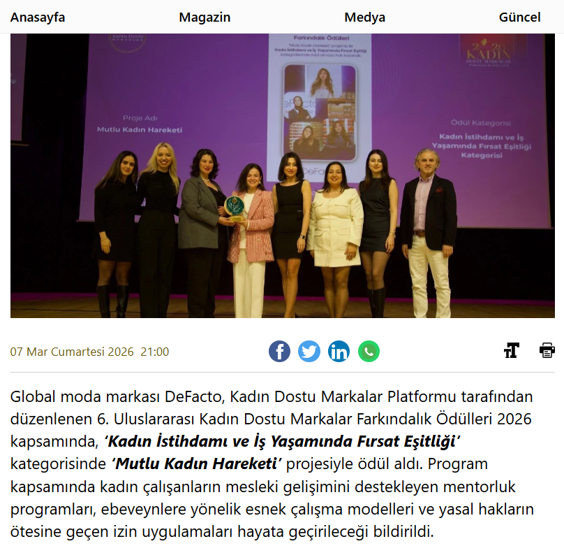 DeFacto, ‘Kadın Dostu Markalar Ödülü’ne layık görüldü / Sacit Aslan