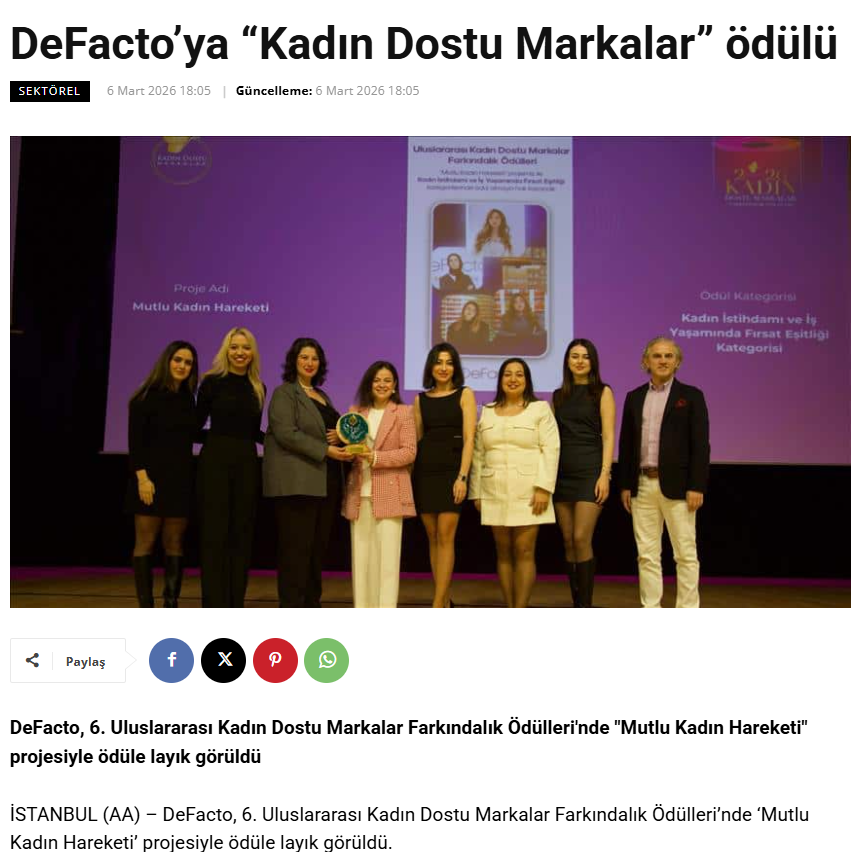 DeFacto’ya “Kadın Dostu Markalar” ödülü / Türkiye Sektörel