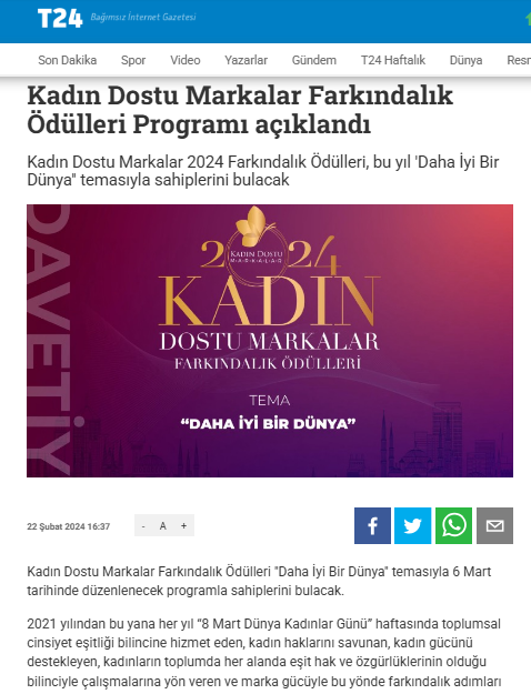 KADIN DOSTU MARKALAR FARKINDALIK ÖDÜLLERİ PROGRAMI AÇIKLANDI / T24