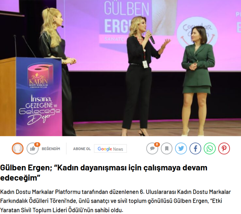 Kadın Dostu Markalar Platformu’ndan Gülben Ergen’e “Etki Yaratan Sivil Toplum Lideri” Ödülü / 50 Fifty Magazin